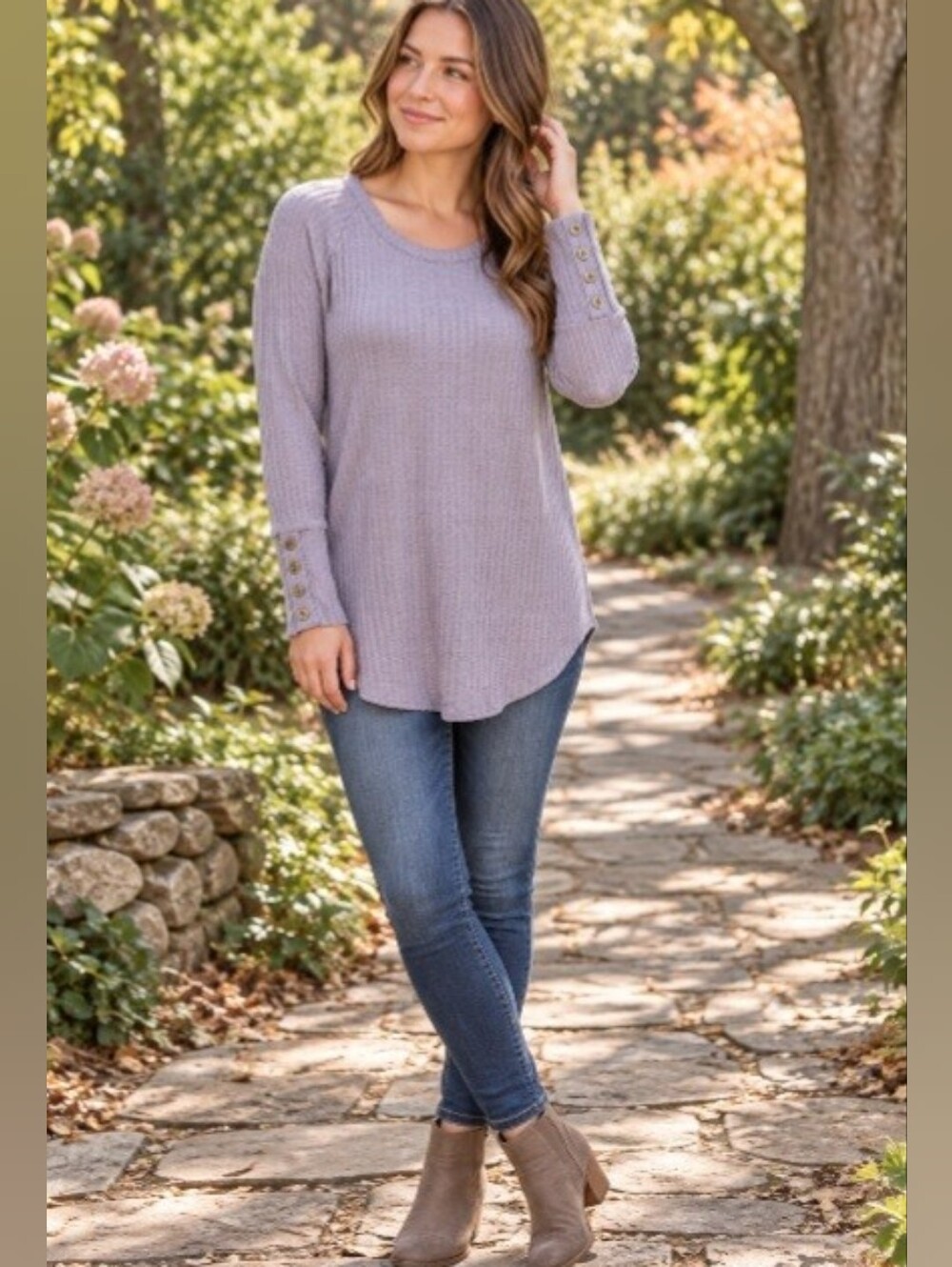 Chaser Lavender Waffle Knit Scoopneck Tunic with Button Cuffs